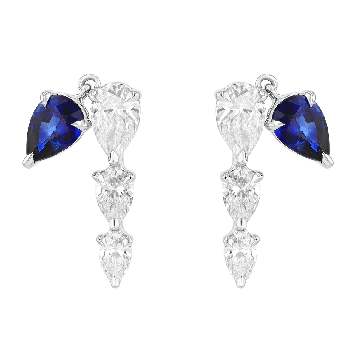 Phillips House One of One Pear Shape Sapphire & Graduated Diamond Drop Earrings in Platinum