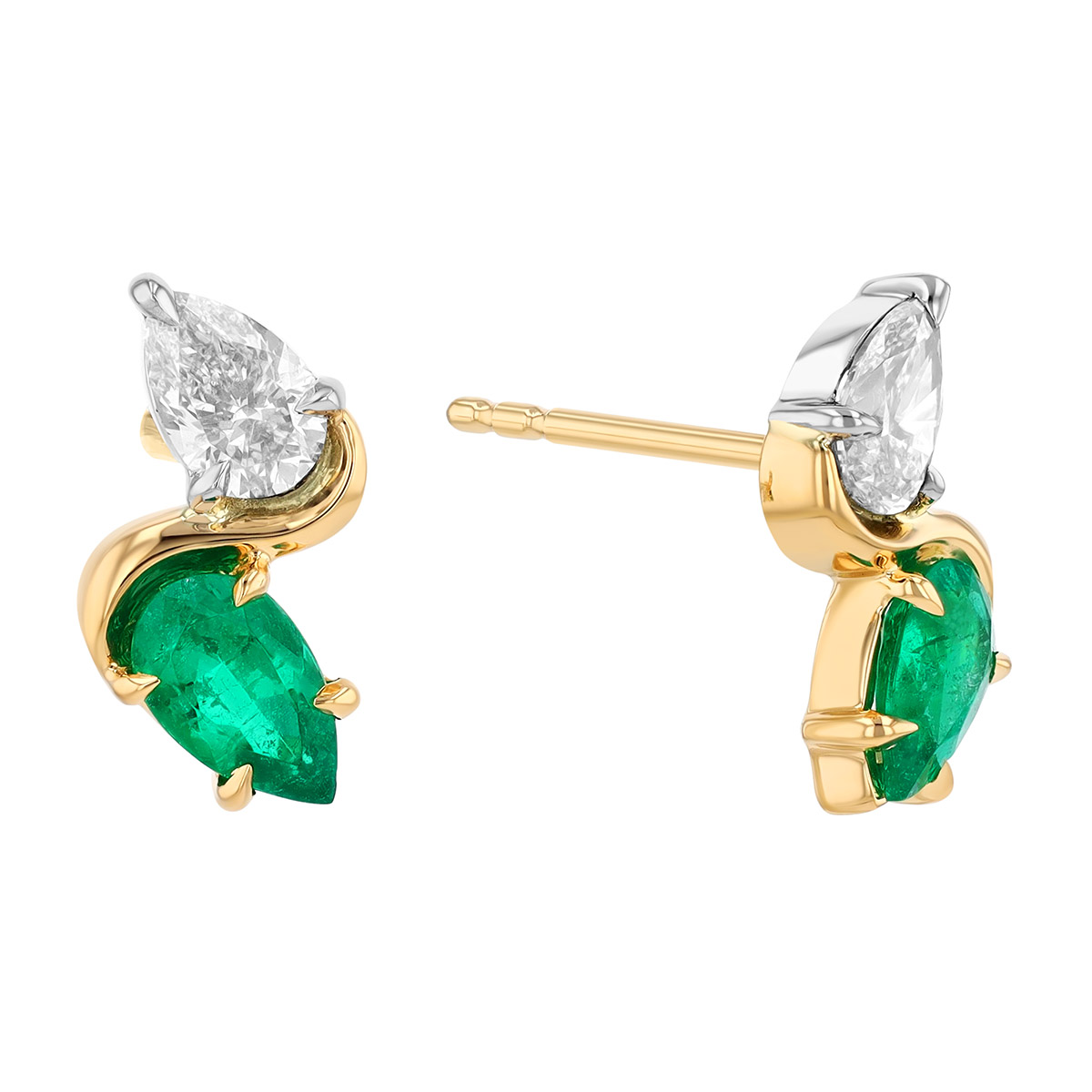 Phillips House One of One Pear Shape Emerald & Diamond Swirl Stud Earrings in Yellow Gold & Platinum