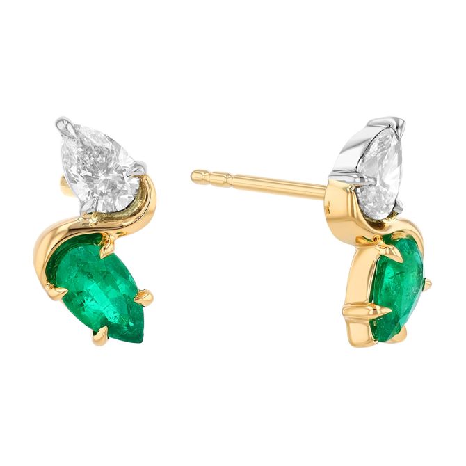 Phillips House One of One Pear Shape Emerald & Diamond Swirl Stud Earrings in Yellow Gold & Platinum