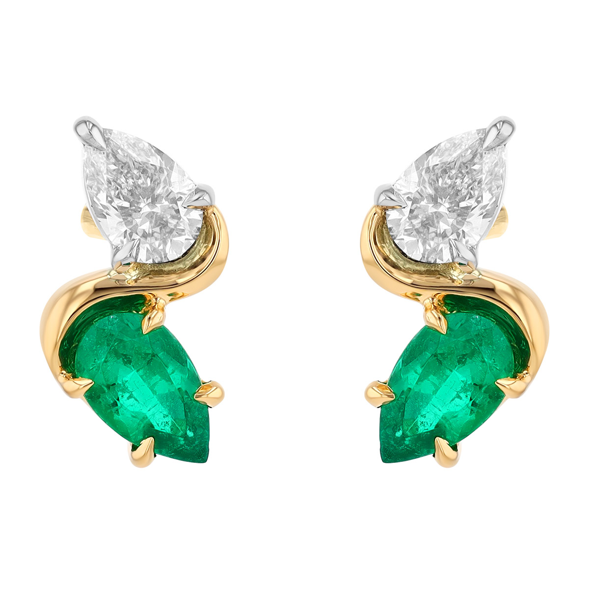 Phillips House One of One Pear Shape Emerald & Diamond Swirl Stud Earrings in Yellow Gold & Platinum