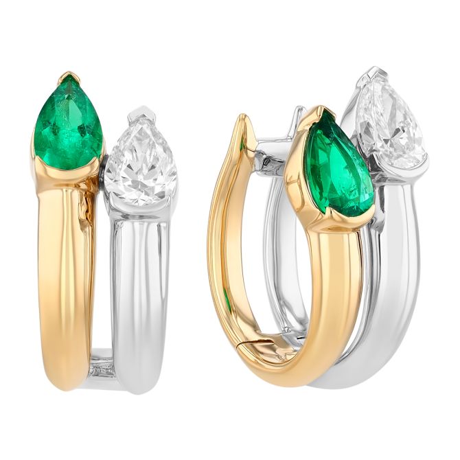 Phillips House One of One Pear Shape Emerald & Diamond Double Hoop Earrings in Yellow Gold & Platinu