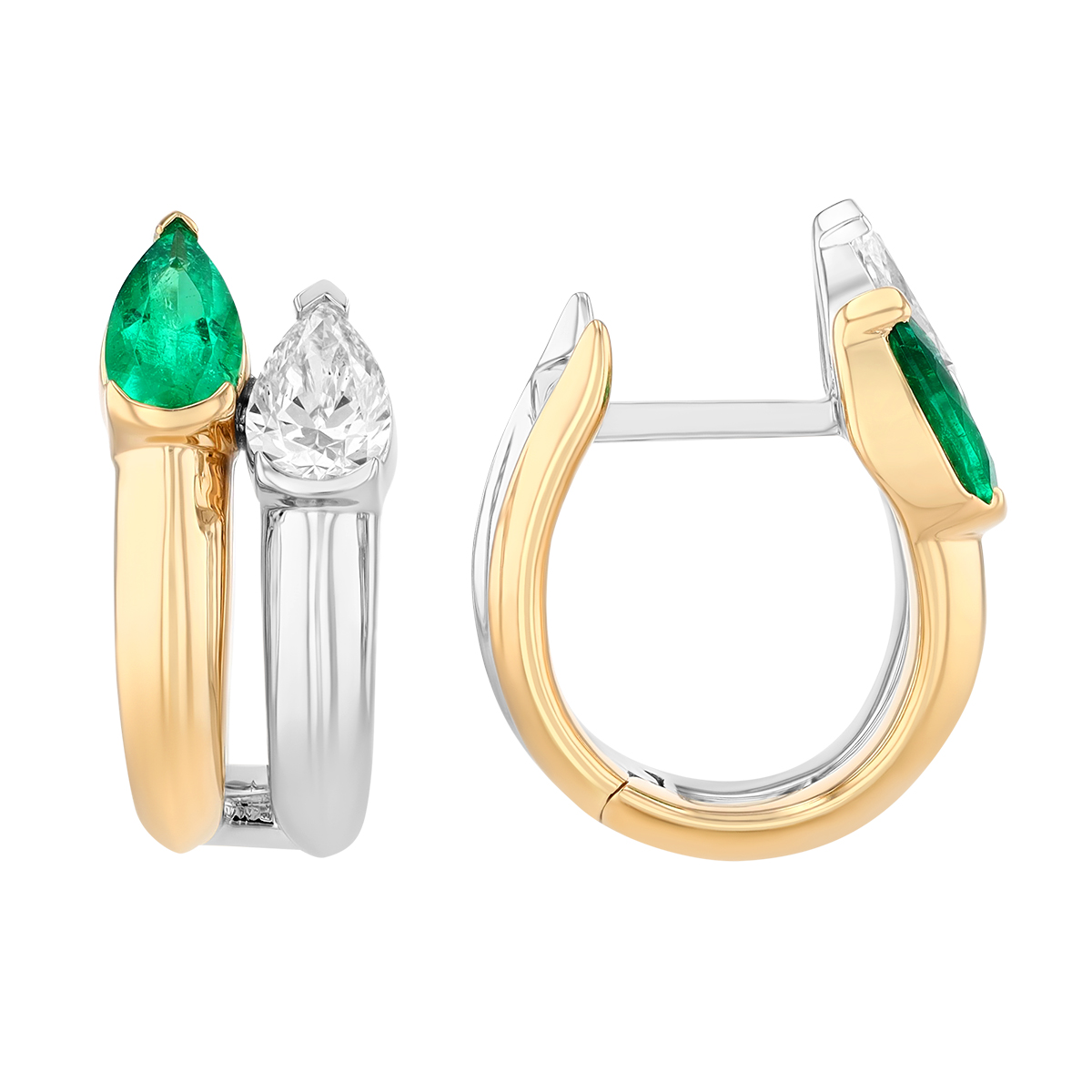 Phillips House One of One Pear Shape Emerald & Diamond Double Hoop Earrings in Yellow Gold & Platinu