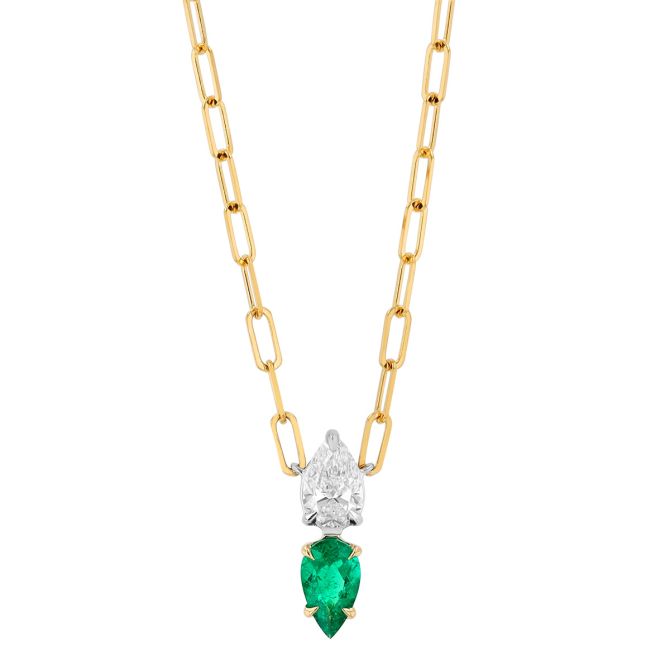 Phillips House One of One Pear Shape Emerald & Diamond Duo Necklace in Yellow Gold