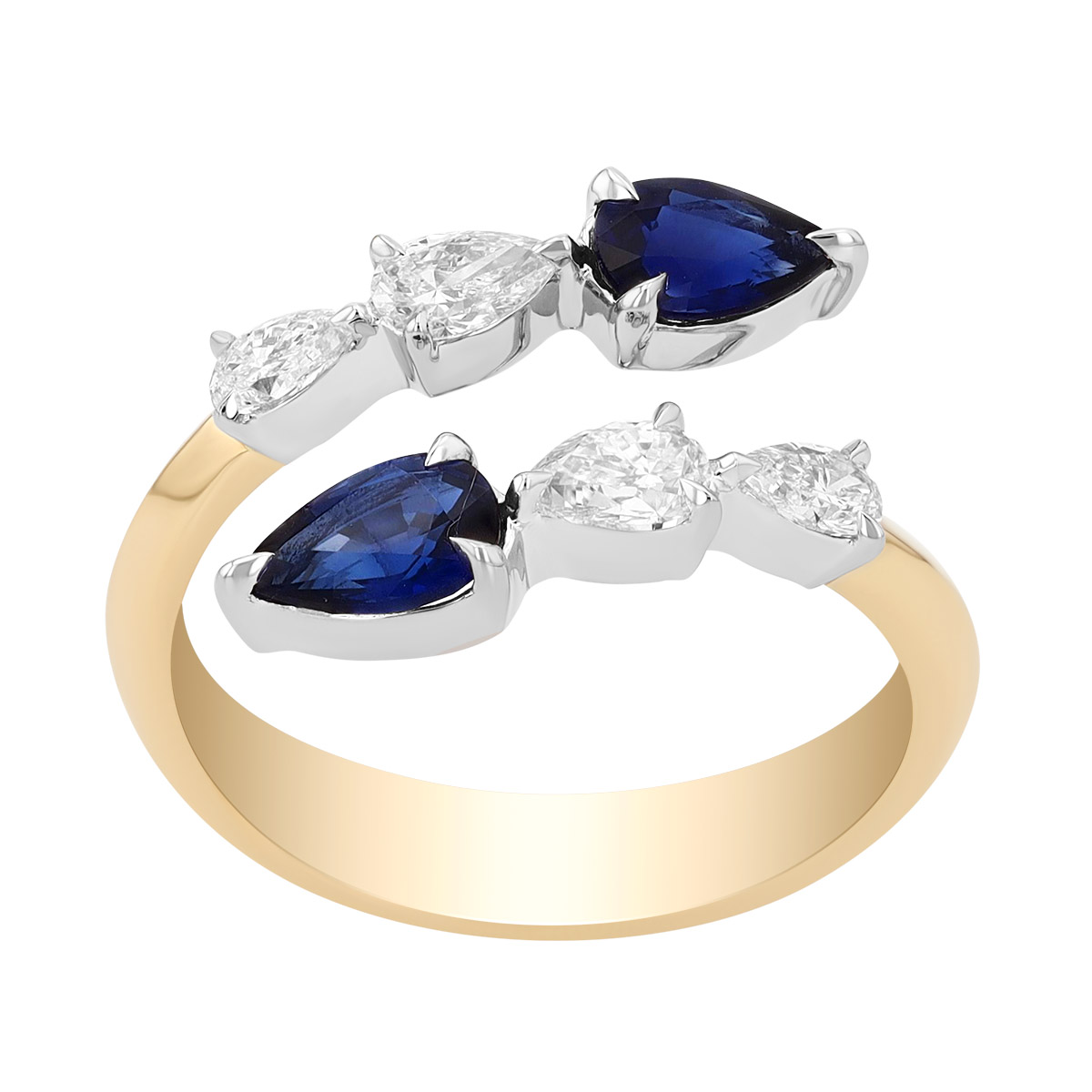 Phillips House One of One Pear Shape Sapphire & Diamond Bypass Ring in Platinum & Yellow Gold