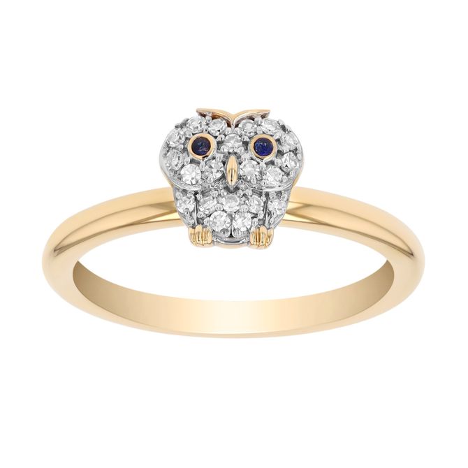 Phillips House Symphony Diamond Pavé Owl Ring with Sapphires in Yellow Gold, Size 6.25