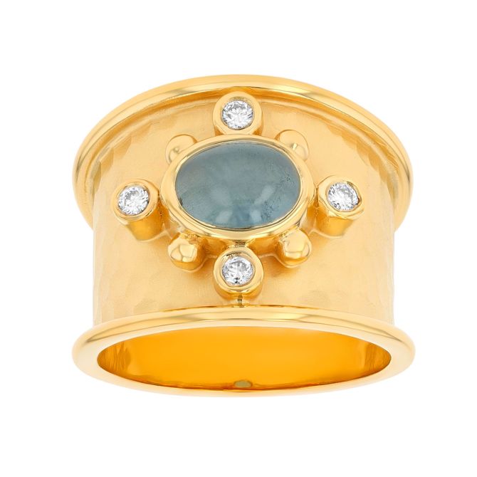 Marika Bezel Set Oval Cabochon Aquamarine & Diamond Wide Band Ring in Yellow Gold
