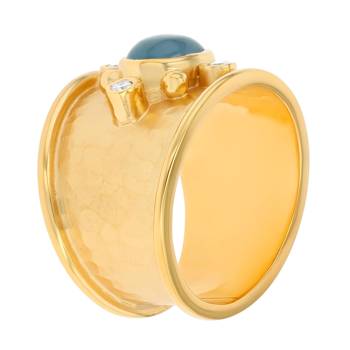 Marika Bezel Set Oval Cabochon Aquamarine & Diamond Wide Band Ring in Yellow Gold