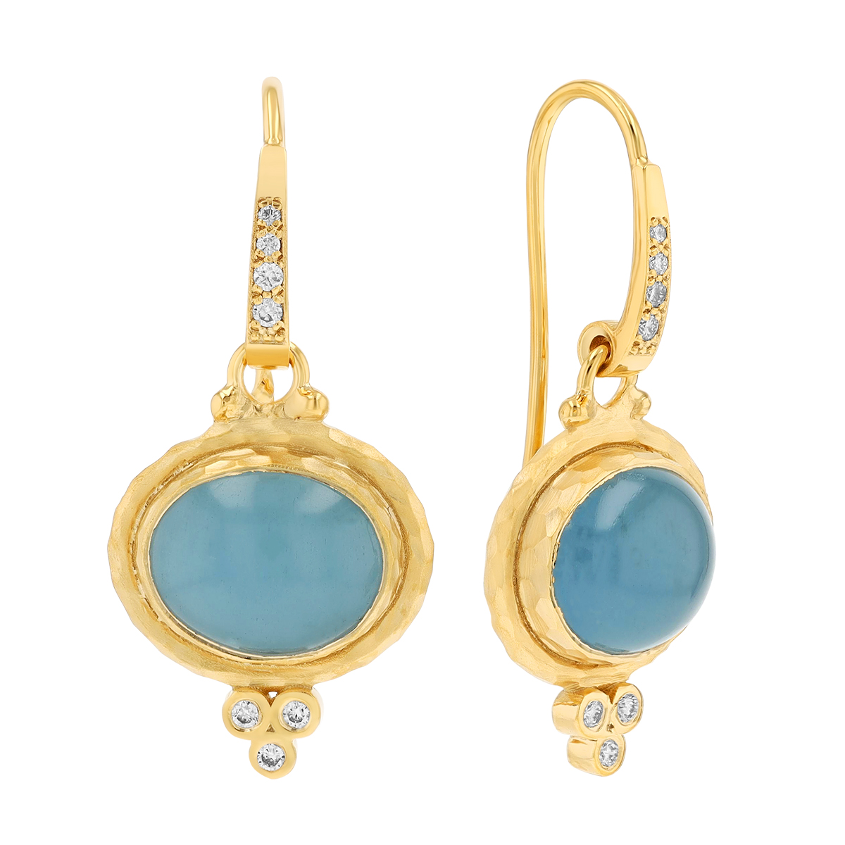 Marika Oval Cabochon Aquamarine & Diamond Dangle Earrings in Yellow Gold