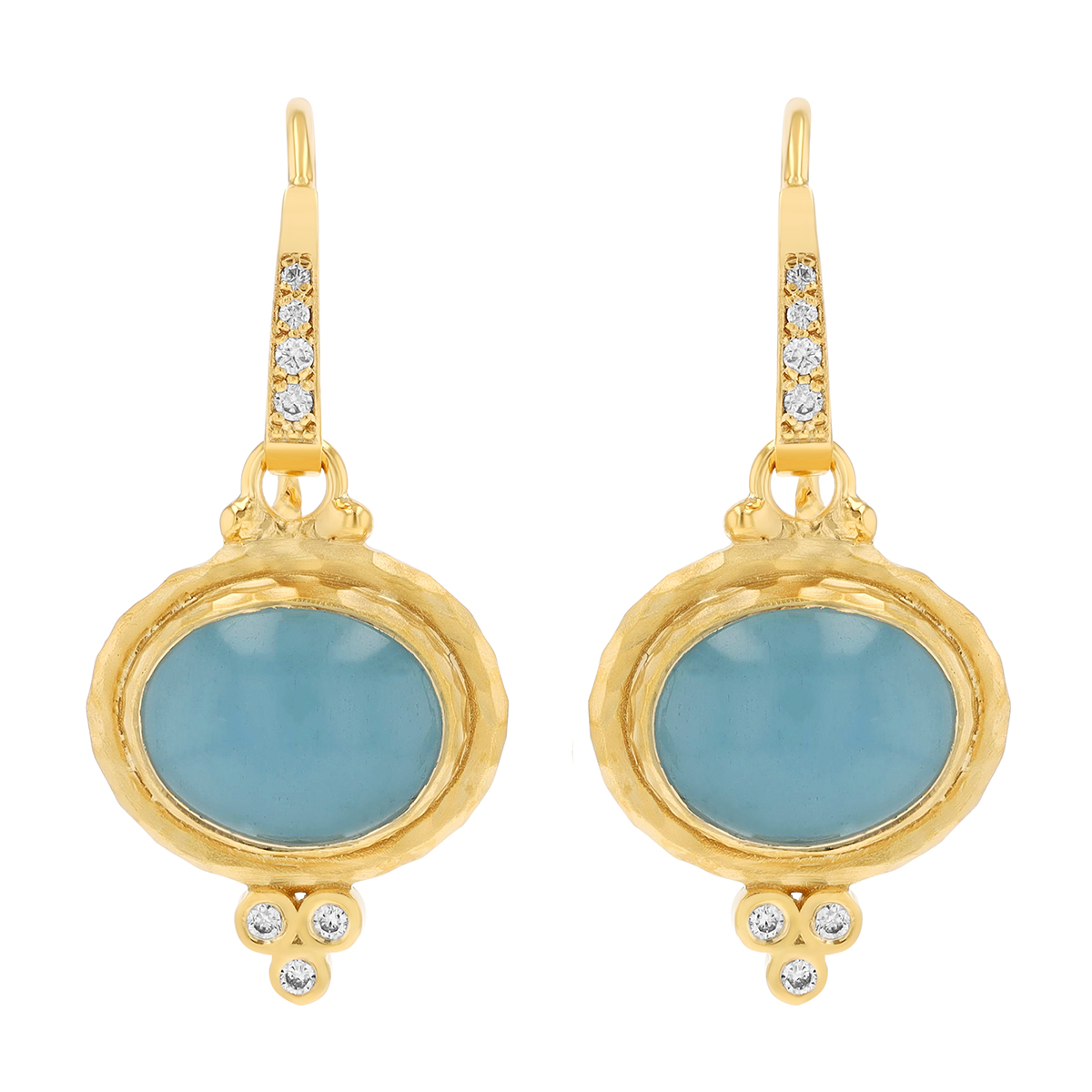 Marika Oval Cabochon Aquamarine & Diamond Dangle Earrings in Yellow Gold
