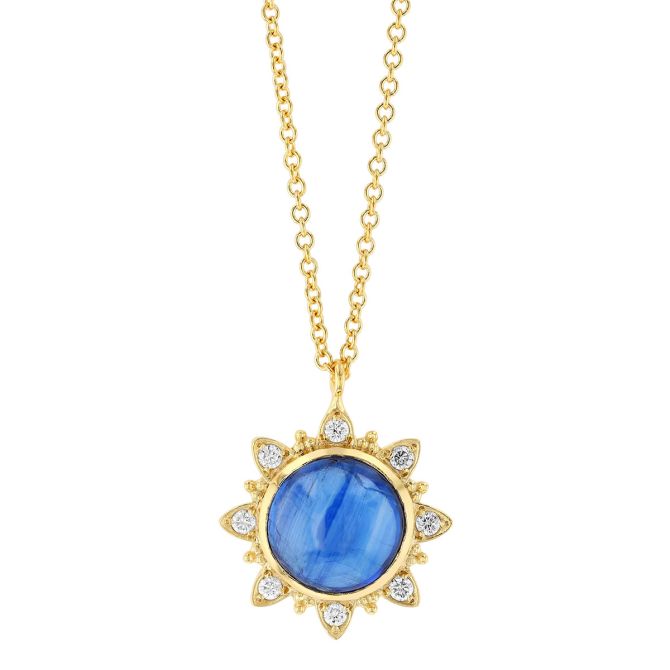 Marika Blue Gemstone & Diamond Halo Pendant in Yellow Gold