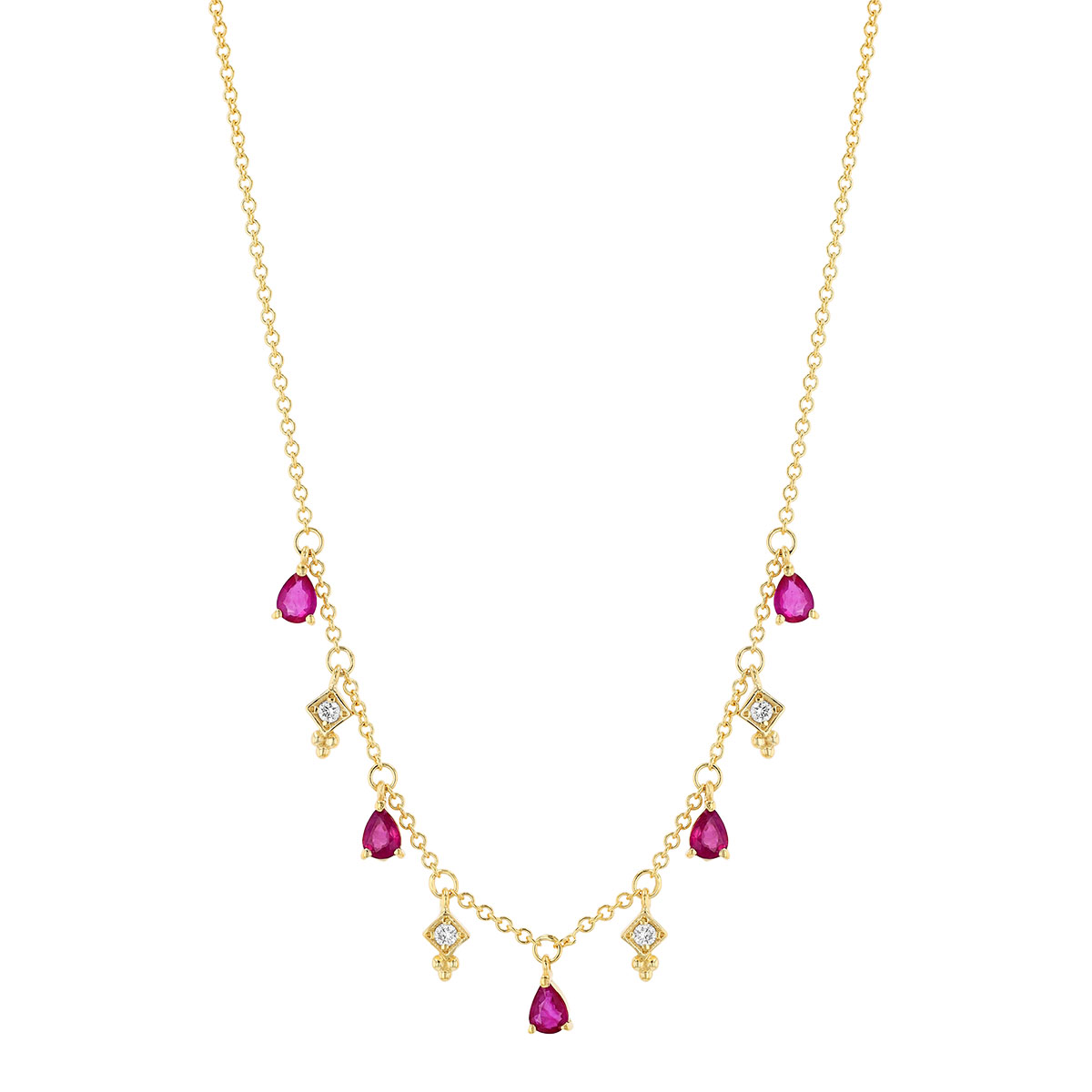 Marika Pear Shape Ruby & Diamond Dangle Station Necklace in Yellow Gold