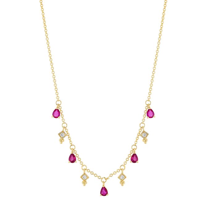 Marika Pear Shape Ruby & Diamond Dangle Station Necklace in Yellow Gold