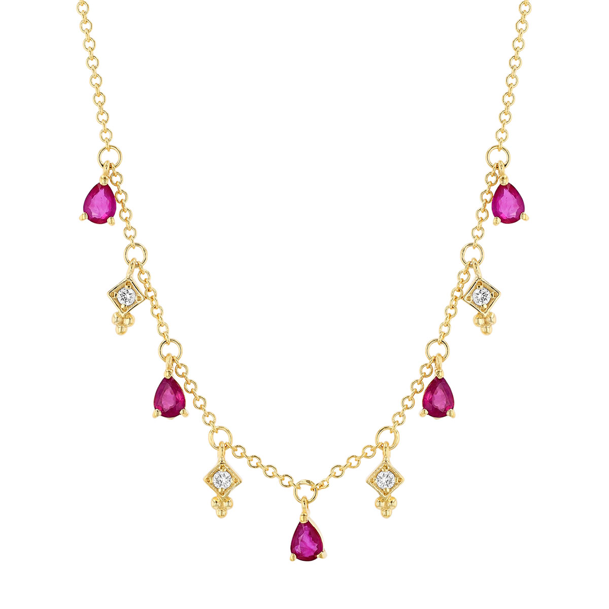 Marika Pear Shape Ruby & Diamond Dangle Station Necklace in Yellow Gold