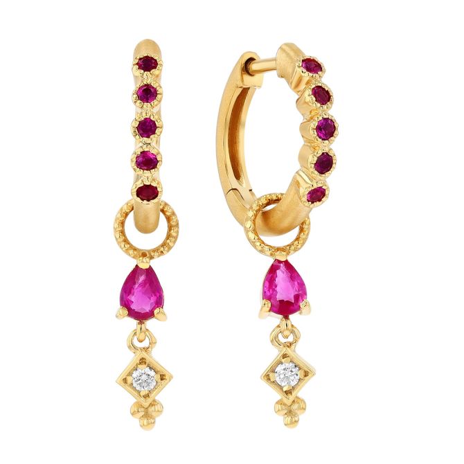 Marika Ruby & Diamond Dangle Hoop Earrings in Yellow Gold