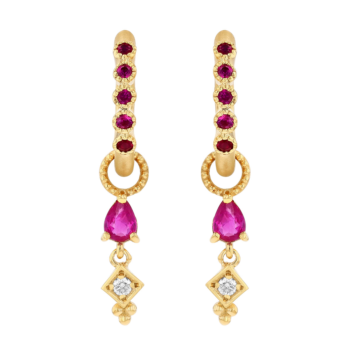 Marika Ruby & Diamond Dangle Hoop Earrings in Yellow Gold