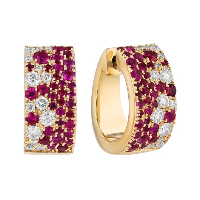 Ruby & Diamond Pavé Huggie Hoop Earrings in Yellow Gold
