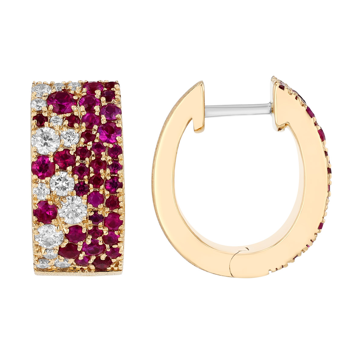 Ruby & Diamond Pavé Huggie Hoop Earrings in Yellow Gold