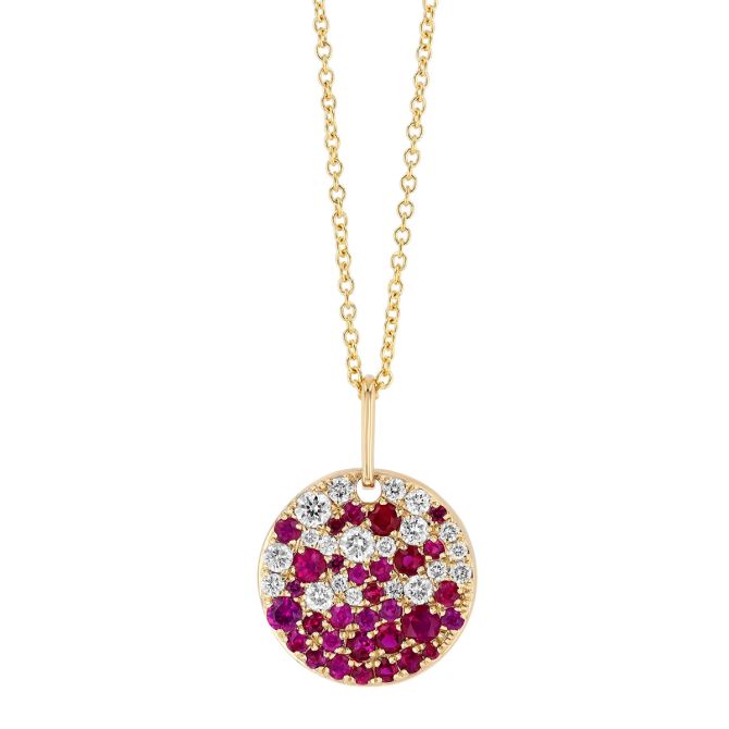 Ruby & Diamond Pavé Disc Pendant in Yellow Gold, 18"