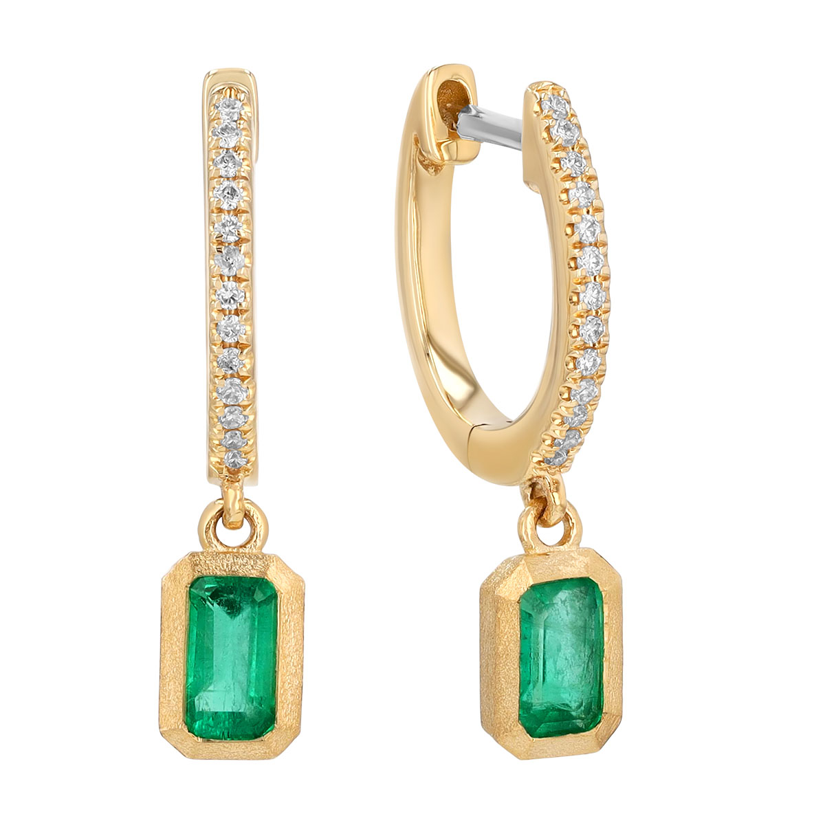Bezel Set Emerald Cut Emerald & Diamond Dangle Huggie Hoop Earrings in Yellow Gold