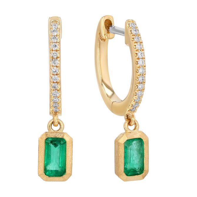 Bezel Set Emerald Cut Emerald & Diamond Dangle Huggie Hoop Earrings in Yellow Gold