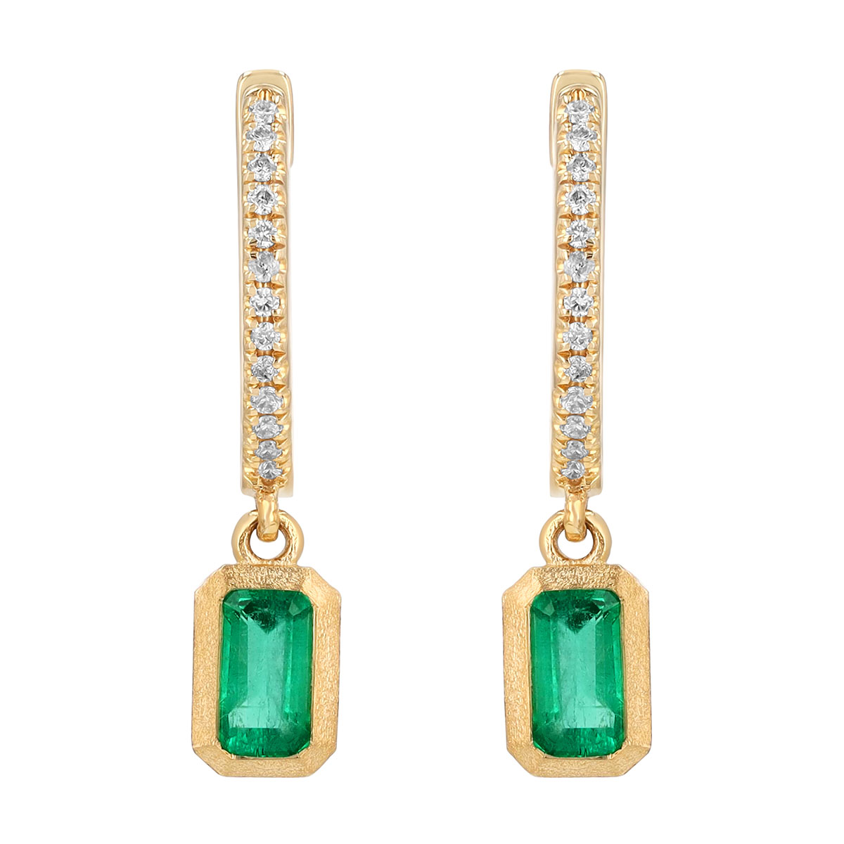 Bezel Set Emerald Cut Emerald & Diamond Dangle Huggie Hoop Earrings in Yellow Gold