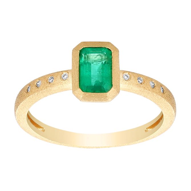 Bezel Set Emerald Cut Emerald & Diamond Ring in Yellow Gold