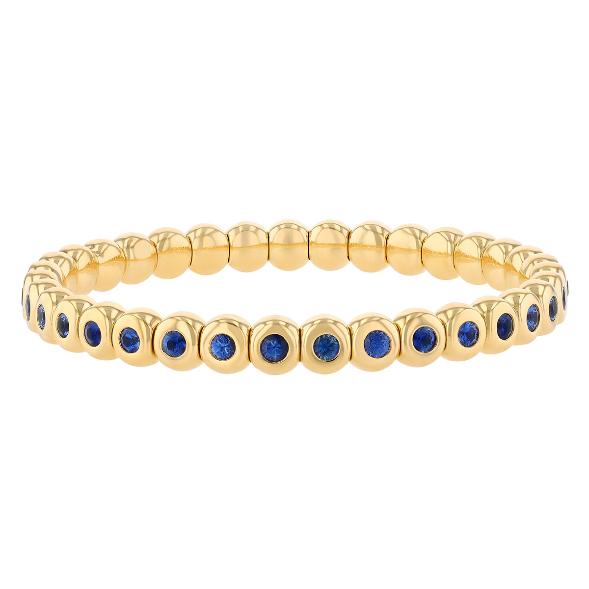 Bezel Set Round Sapphire Beaded Stretch Bracelet in Yellow Gold, 7