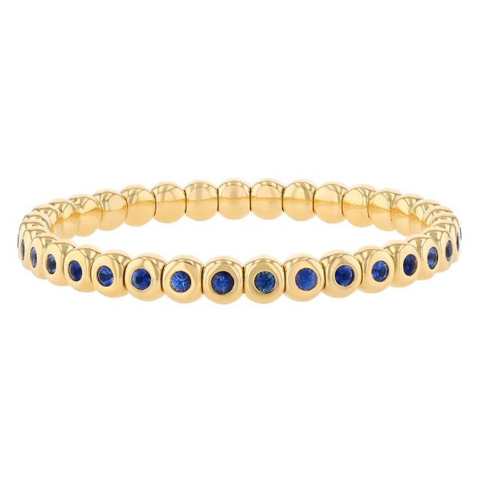 Bezel Set Round Sapphire Beaded Stretch Bracelet in Yellow Gold, 7"