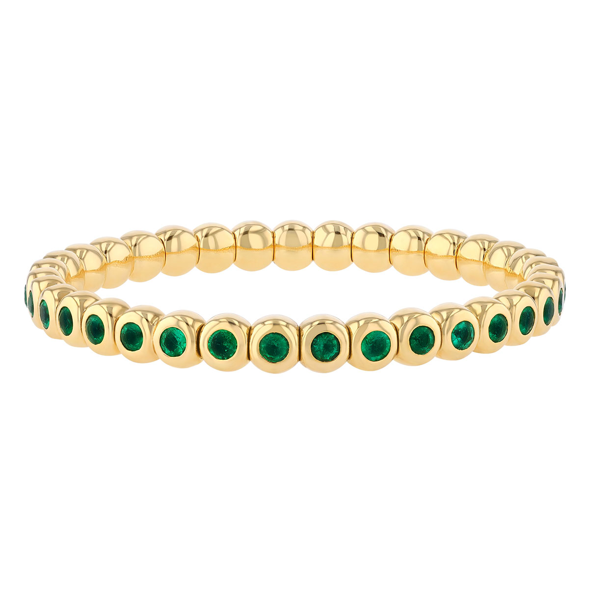 Bezel Set Round Emerald Beaded Stretch Bracelet in Yellow Gold, 7