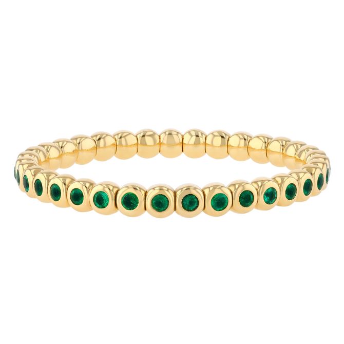 Bezel Set Round Emerald Beaded Stretch Bracelet in Yellow Gold, 7"