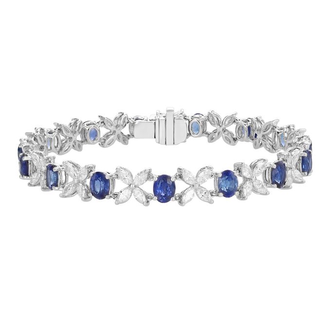 Oval Sapphire & Marquise Diamond Pattern Bracelet in White Gold, 7"