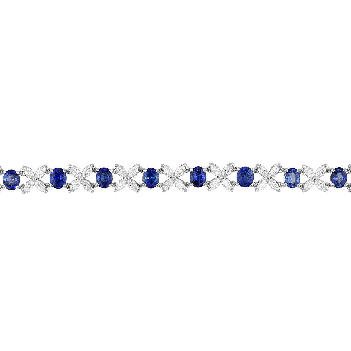 Oval Sapphire & Marquise Diamond Pattern Bracelet in White Gold, 7