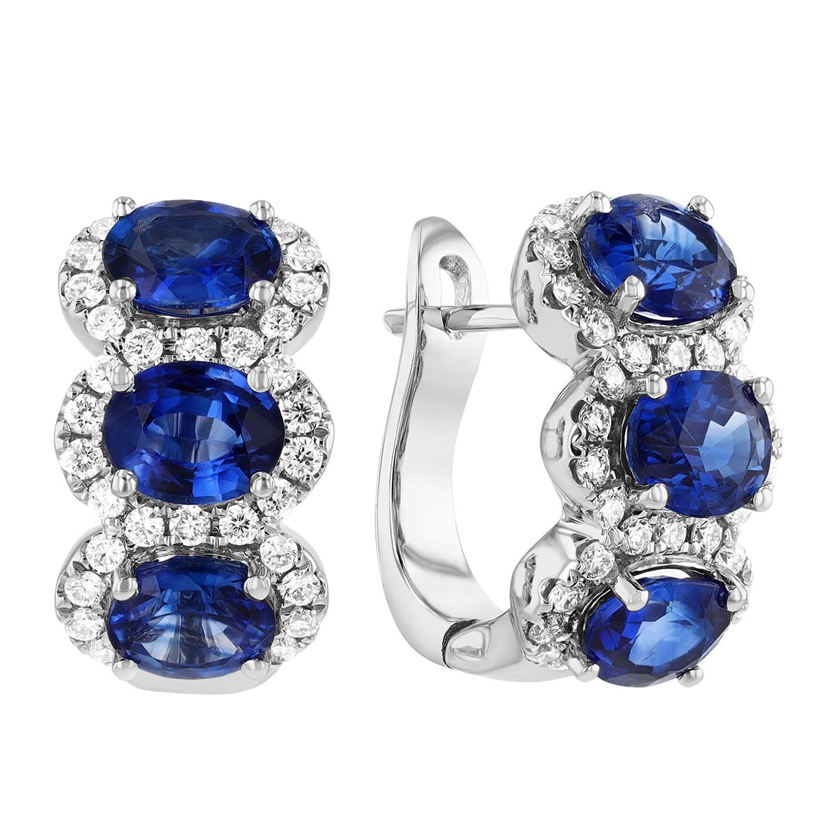 Oval Sapphire & Diamond Halo Hoop Earrings in White Gold