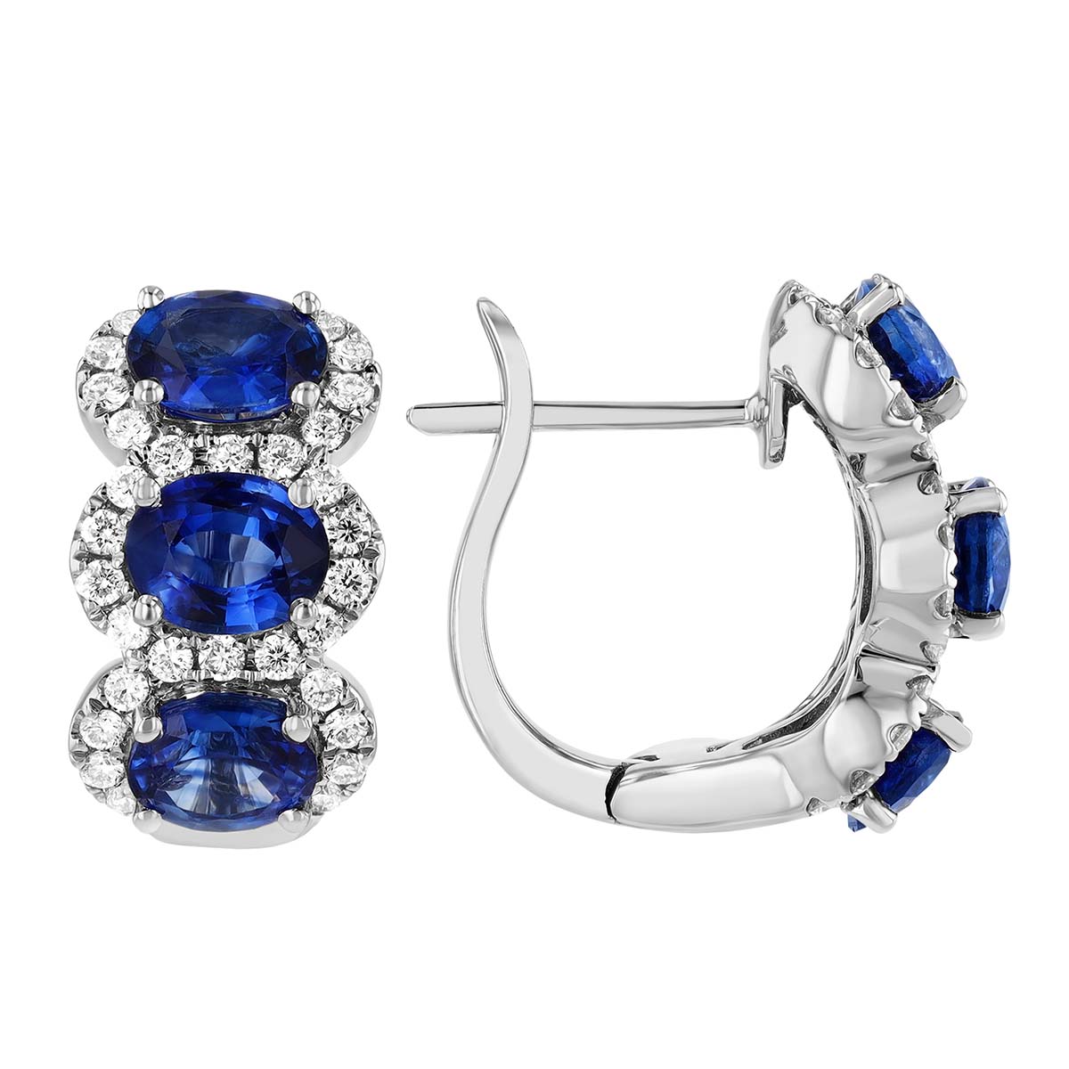 Oval Sapphire & Diamond Halo Hoop Earrings in White Gold