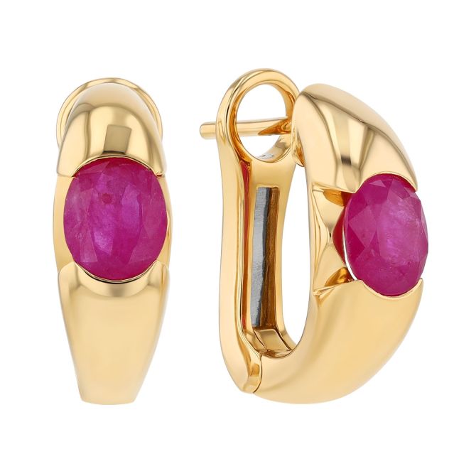Oval Ruby Hoop Earrings in Yellow Gold