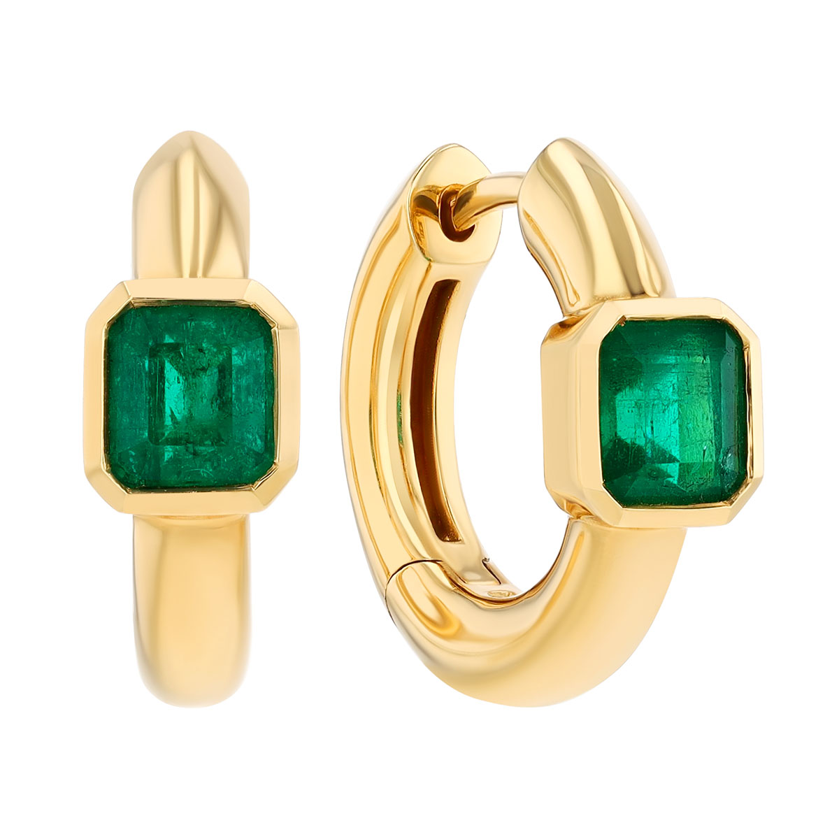 Bezel Set Emerald Cut Emerald Huggie Hoop Earrings in Yellow Gold