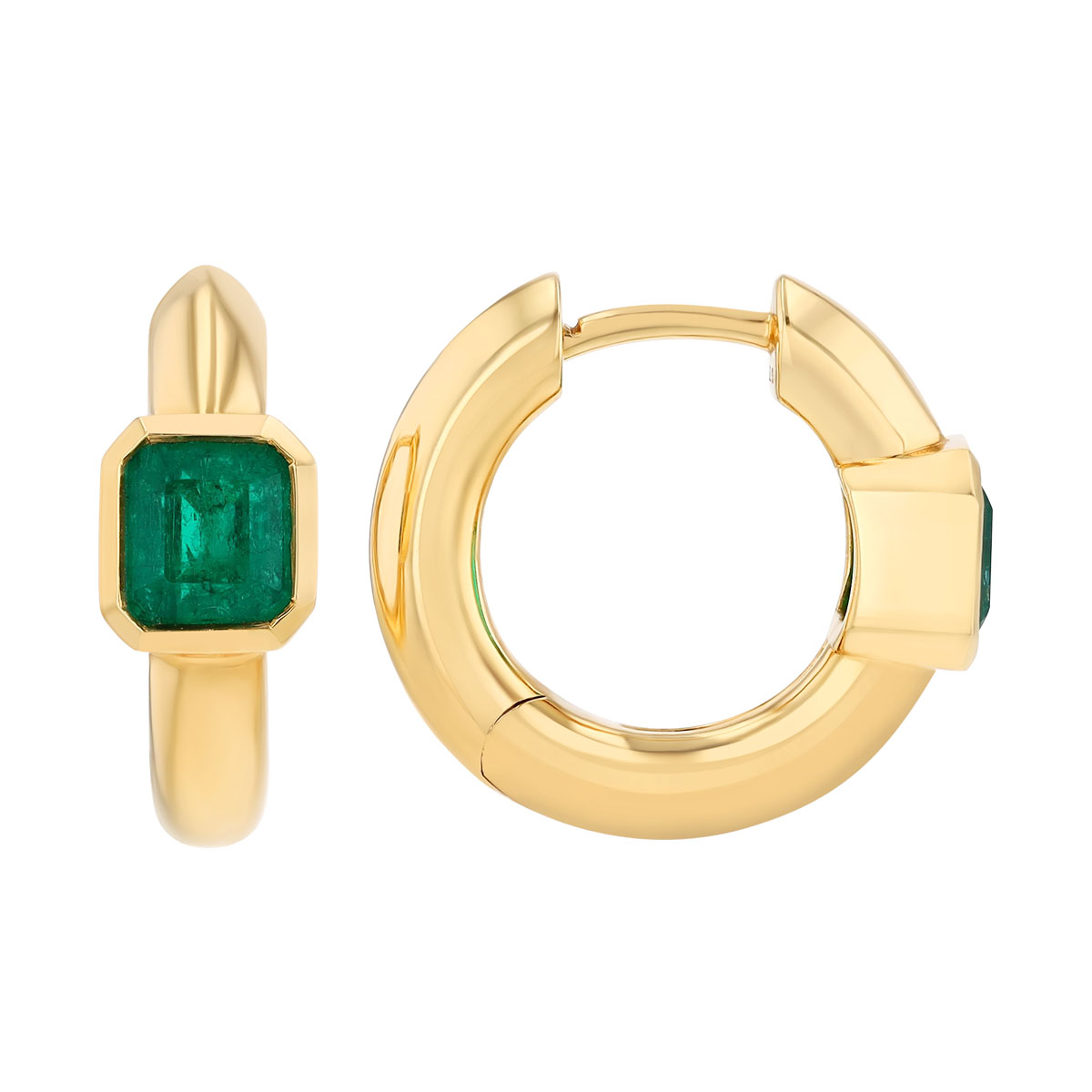 Bezel Set Emerald Cut Emerald Huggie Hoop Earrings in Yellow Gold