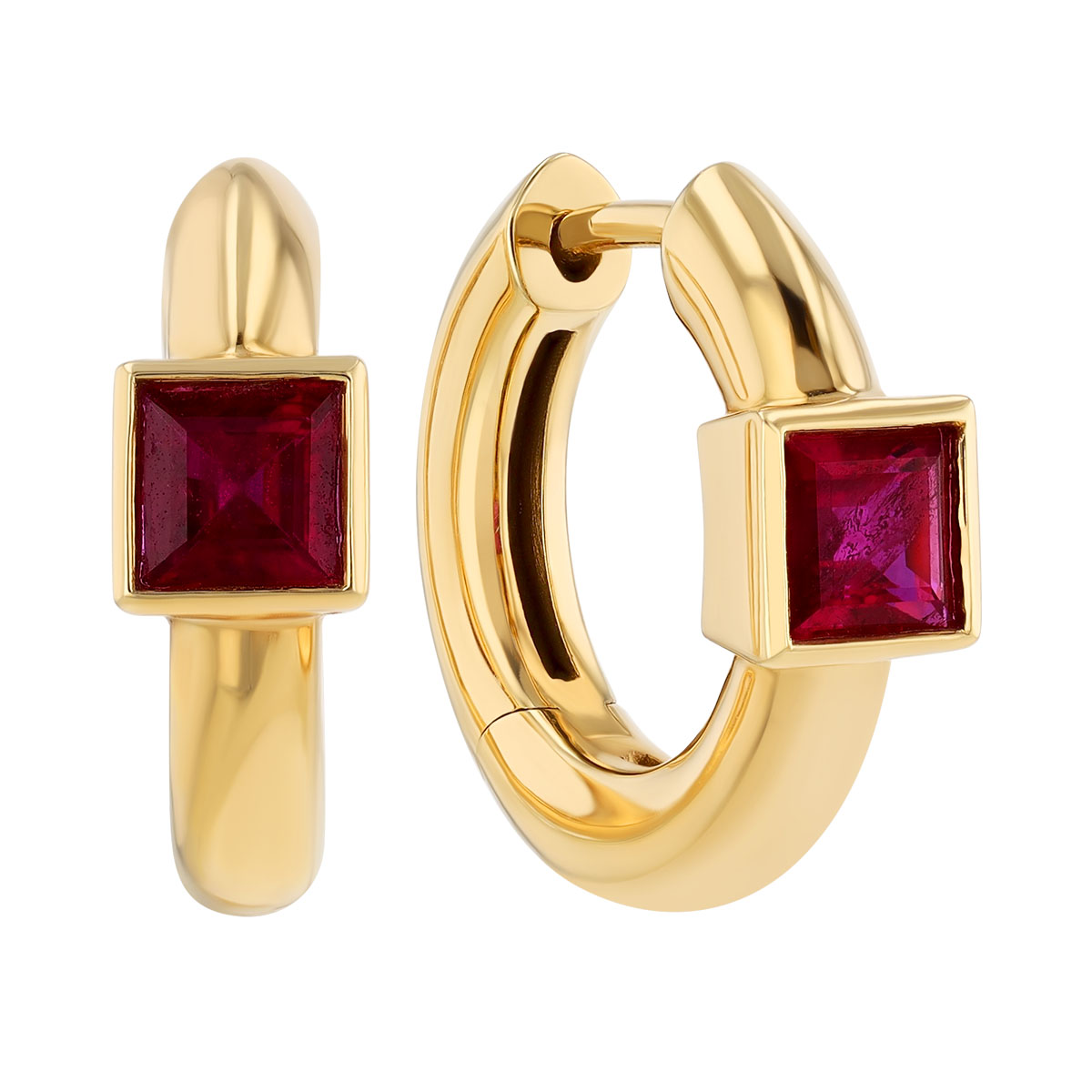 Bezel Set Square Step Cut Ruby Huggie Hoop Earrings in Yellow Gold