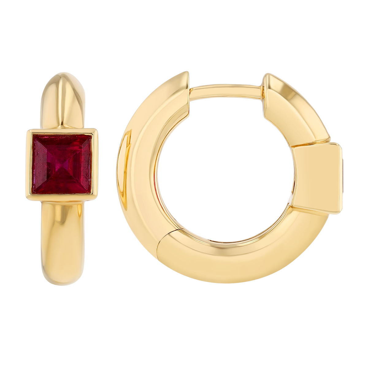 Bezel Set Square Step Cut Ruby Huggie Hoop Earrings in Yellow Gold