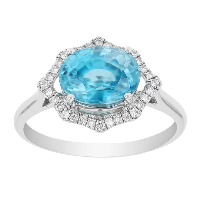 Oval Zircon & Diamond Pointed Halo Ring in White Gold