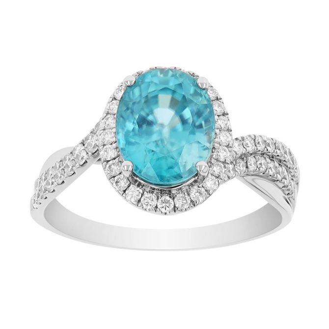 Oval Zircon & Diamond Halo Twisted Band Ring in White Gold