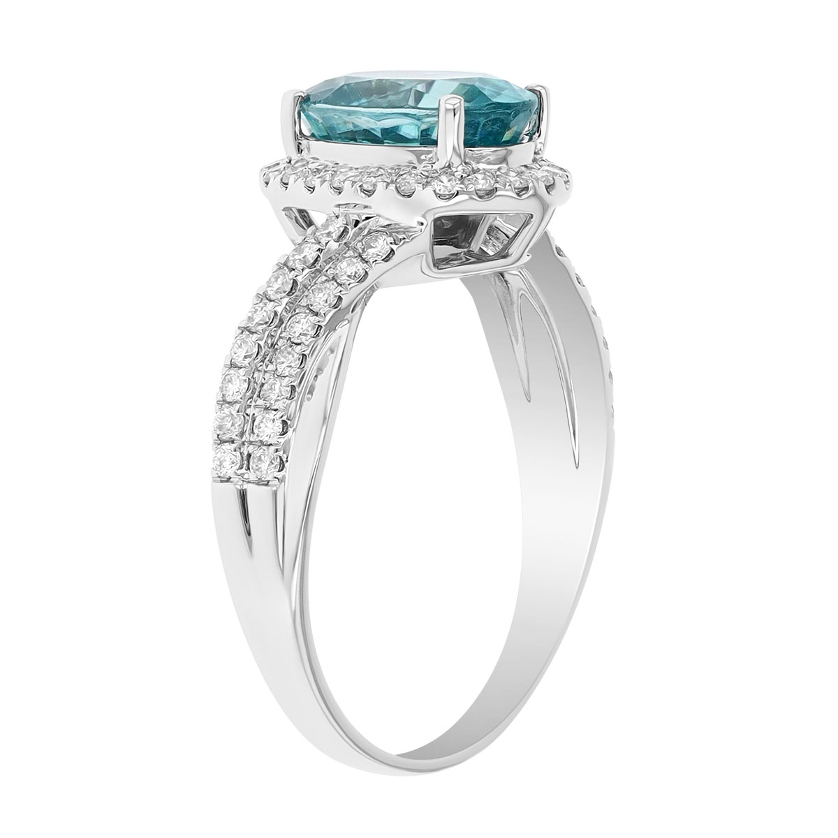 Oval Zircon & Diamond Halo Twisted Band Ring in White Gold