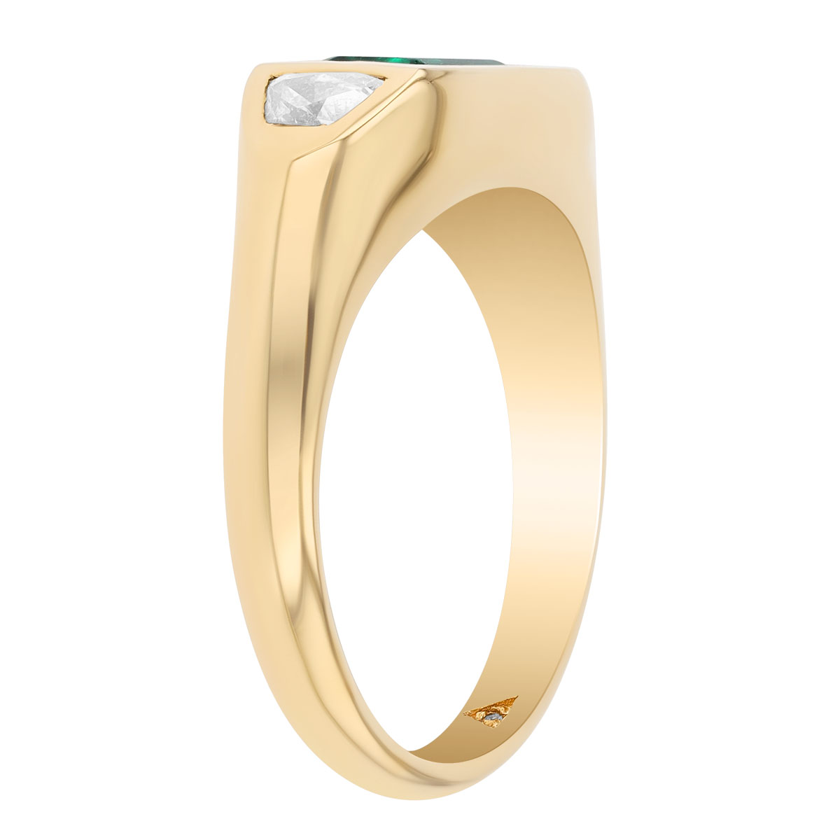 Flush Set Emerald Cut Emerald & Trapezoid Diamond Ring in Yellow Gold