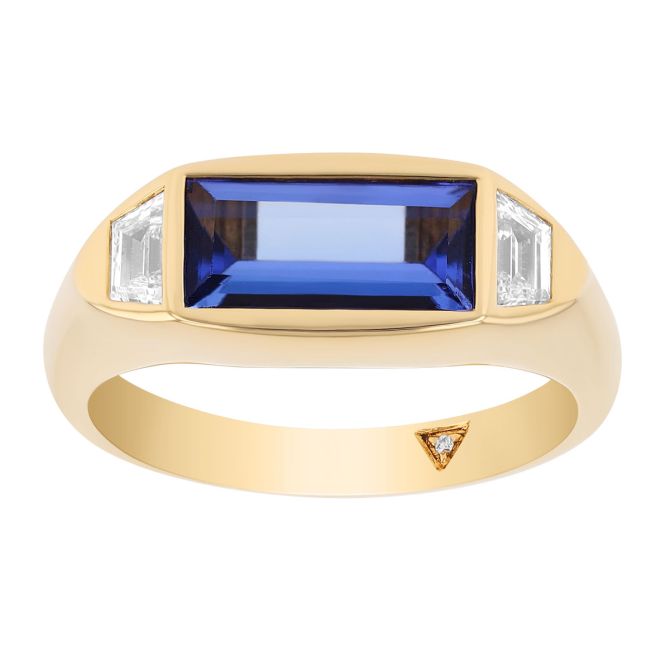 Flush Set Baguette Tanzanite & Diamond Ring in Yellow Gold