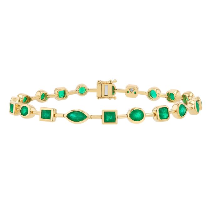 Bezel Set Multi Shape Emerald Bracelet in Yellow Gold, 7"