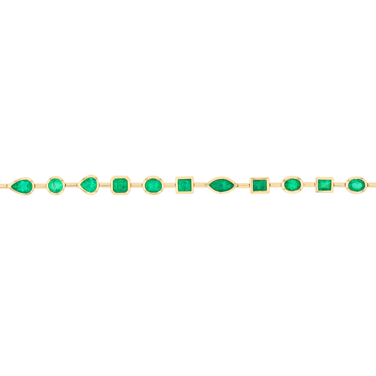 Bezel Set Multi Shape Emerald Bracelet in Yellow Gold, 7