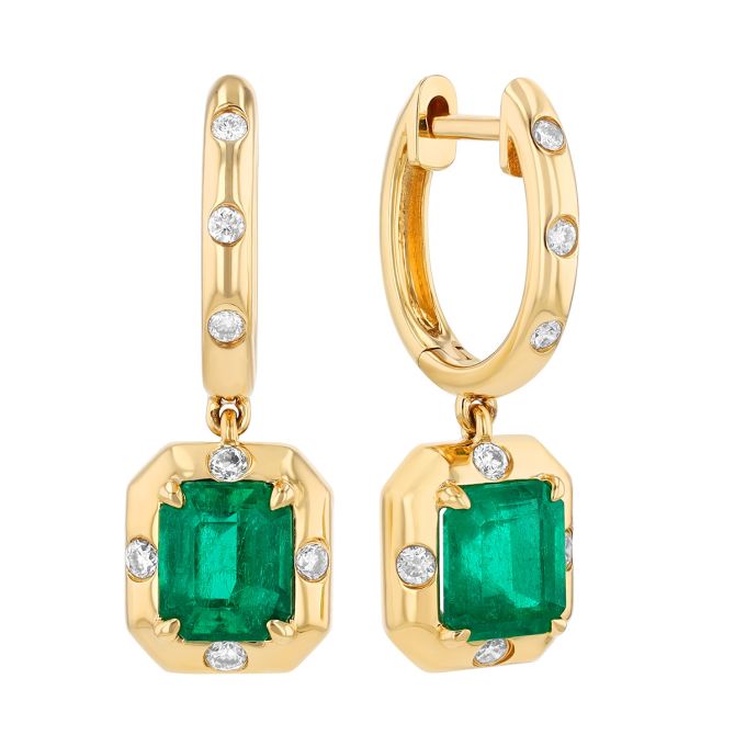 Emerald Cut Emerald & Diamond Dangle Hoop Earrings in Yellow Gold