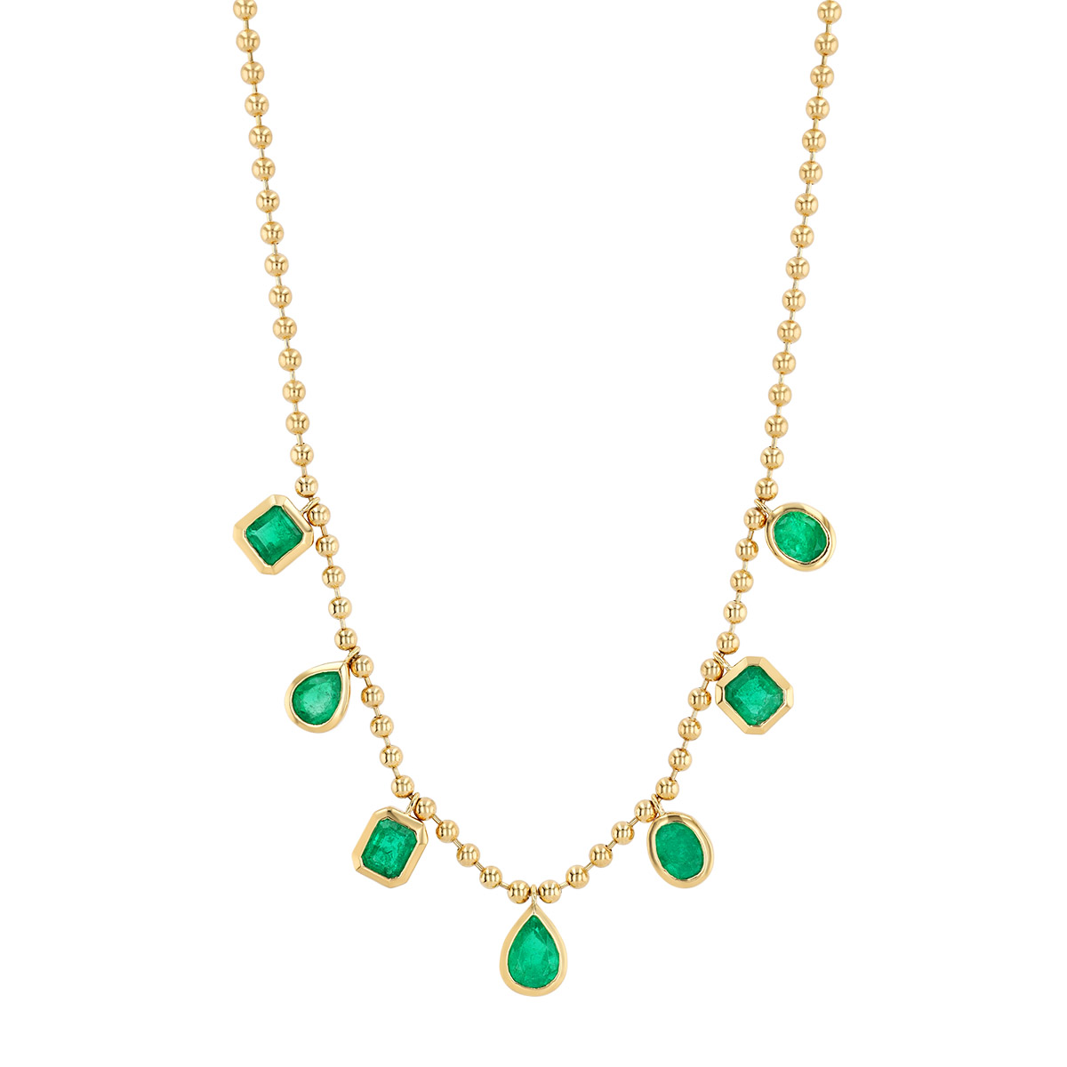 Bezel Set Multi Shape Emerald Drop Station Necklace in Yellow Gold, 18