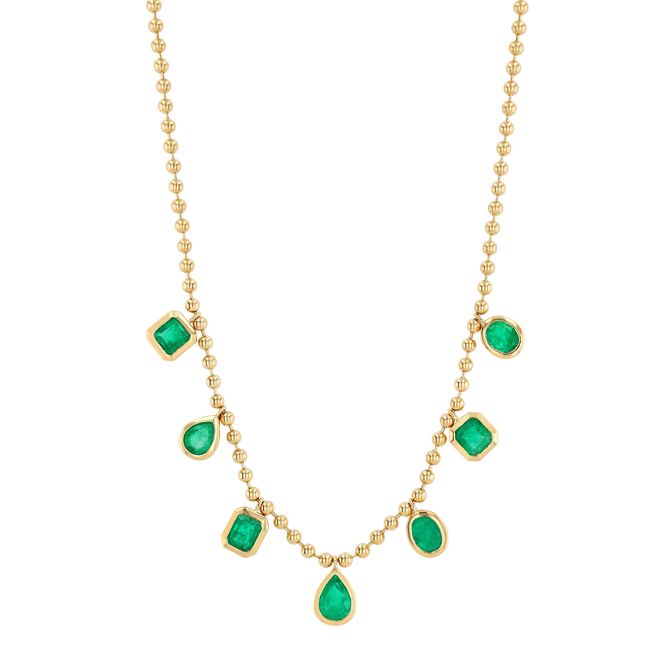 Bezel Set Multi Shape Emerald Drop Station Necklace in Yellow Gold, 18"