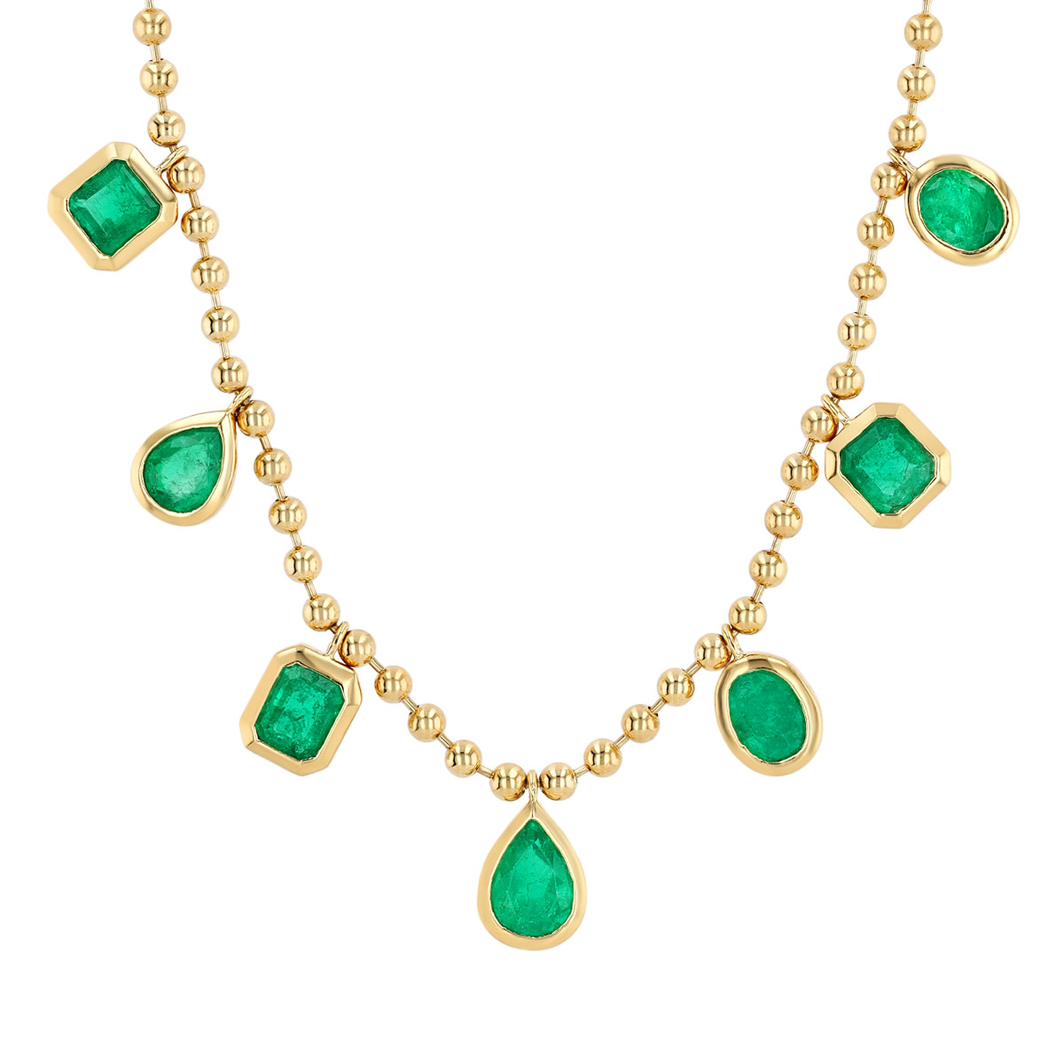 Bezel Set Multi Shape Emerald Drop Station Necklace in Yellow Gold, 18